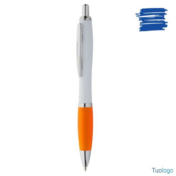 Penna a sfera con corpo bianco, grip in gomma arancione e dettagli cromati
