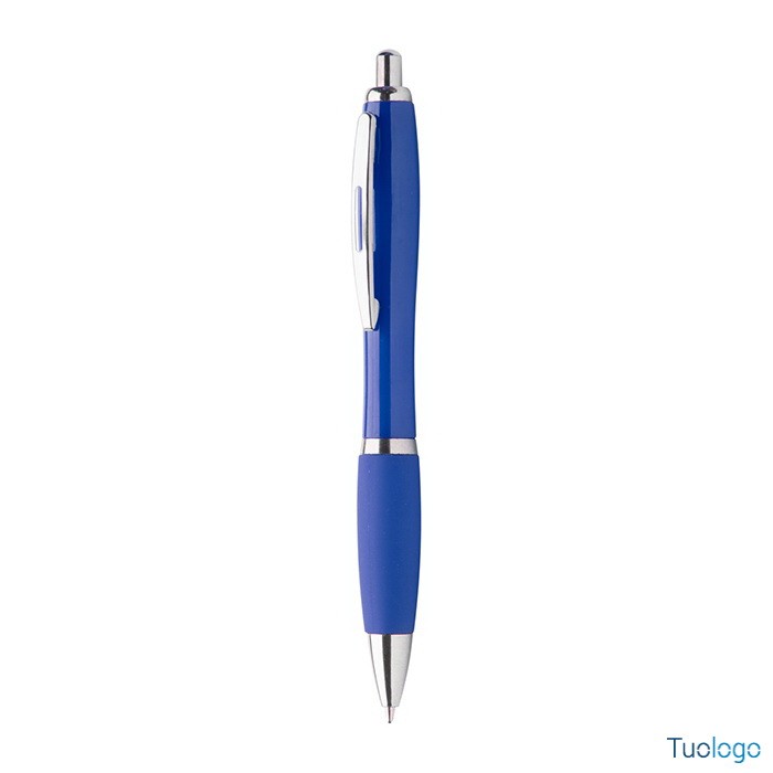 Penna a sfera azzurra con fusto in plastica e grip in gomma