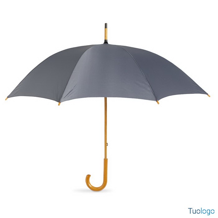 Ombrello, aperto, con manico in legno e telaio grigio scuro, su sfondo bianco