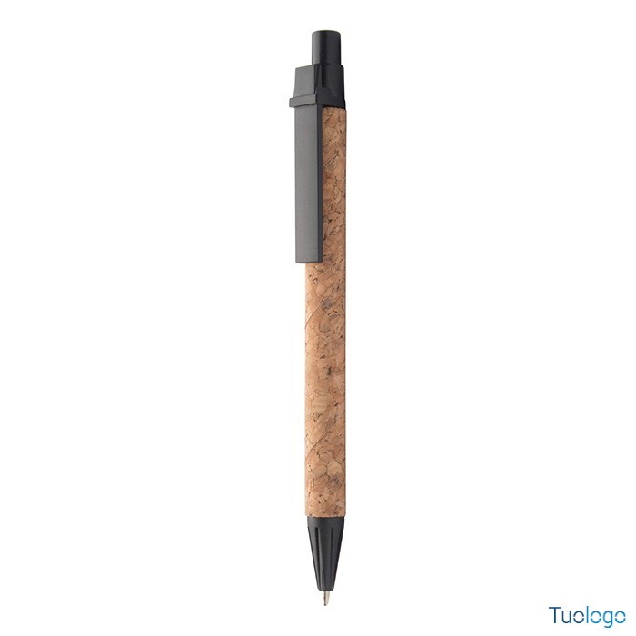 Penna a sfera in carta riciclata rivestita in sughero con parti in plastica nera