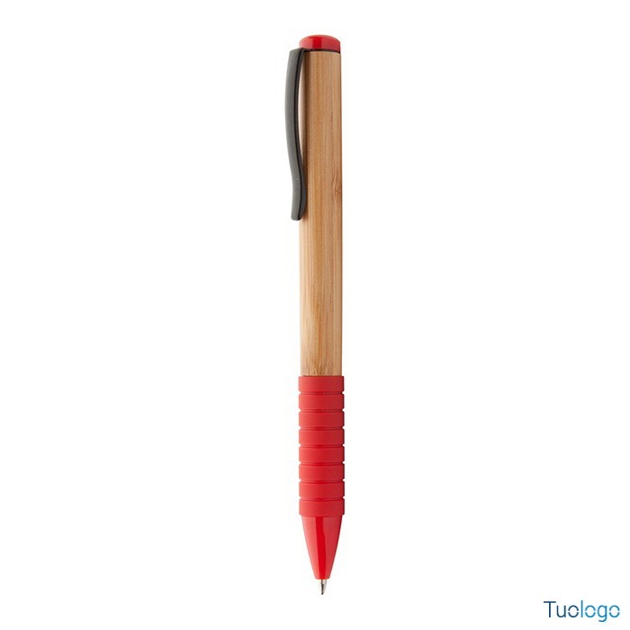 Penna in bamboo con clip in metallo e dettagli blu