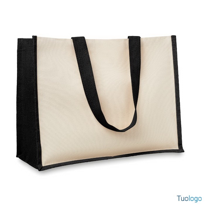 Shopper bianca con rifiniture e maniglia nera su sfondo bianco