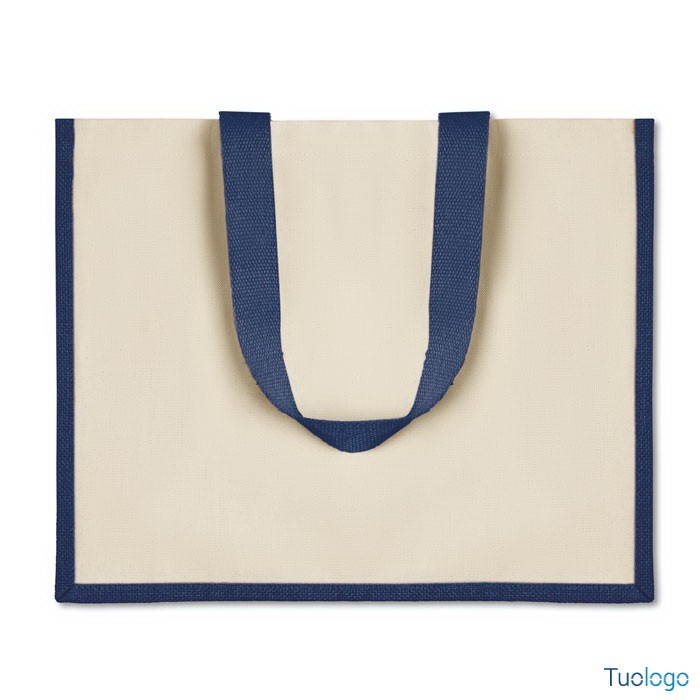 Shopper bianca con rifiniture e maniglia blu su sfondo bianco