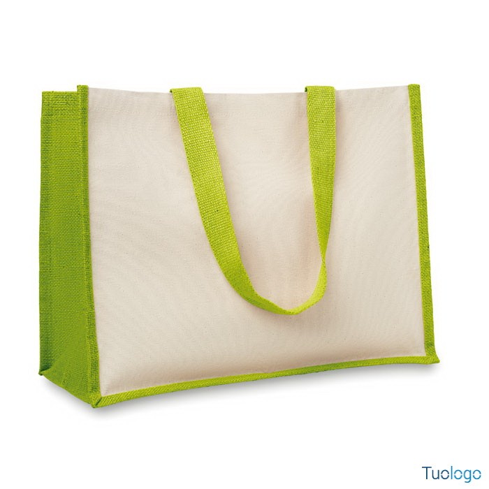 Shopper bianca con rifiniture e maniglia gialla su sfondo bianco