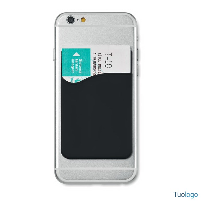 Portacard nera rettangolare attaccato a cellulare