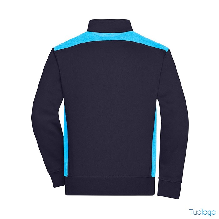 Dettaglio retro felpa blu scura con inserti azzurri e zip lunga