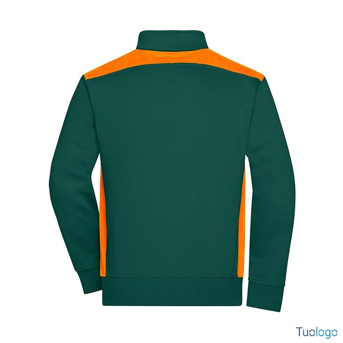 Dettaglio retro felpa verde con inserti arancioni e zip lunga
