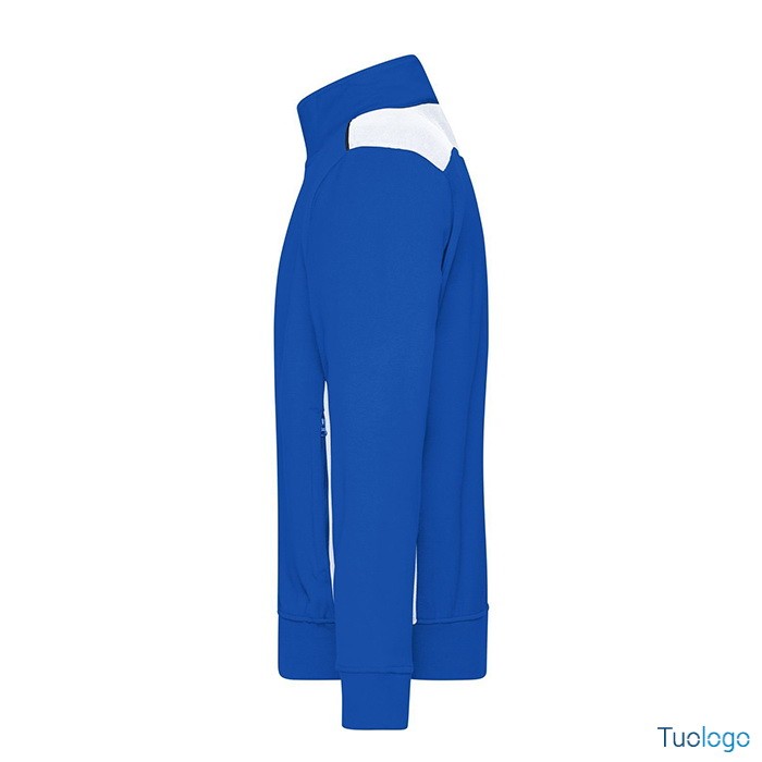Dettaglio laterale felpa blu con inserti bianchi e zip lunga