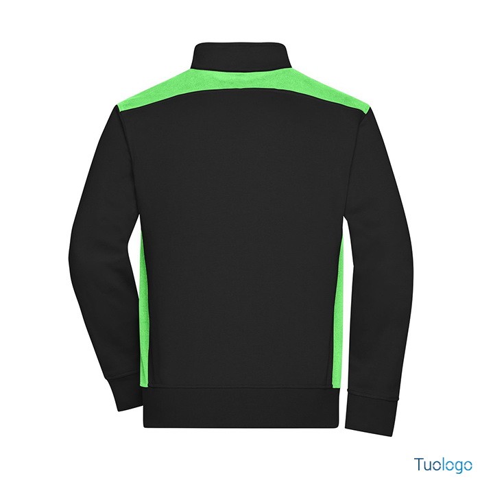 Dettaglio retro felpa nera con inserti gialli e zip lunga, su sfondo bianco