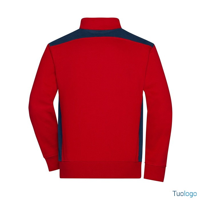 Dettaglio retro felpa rossa con inserti blu e zip lunga