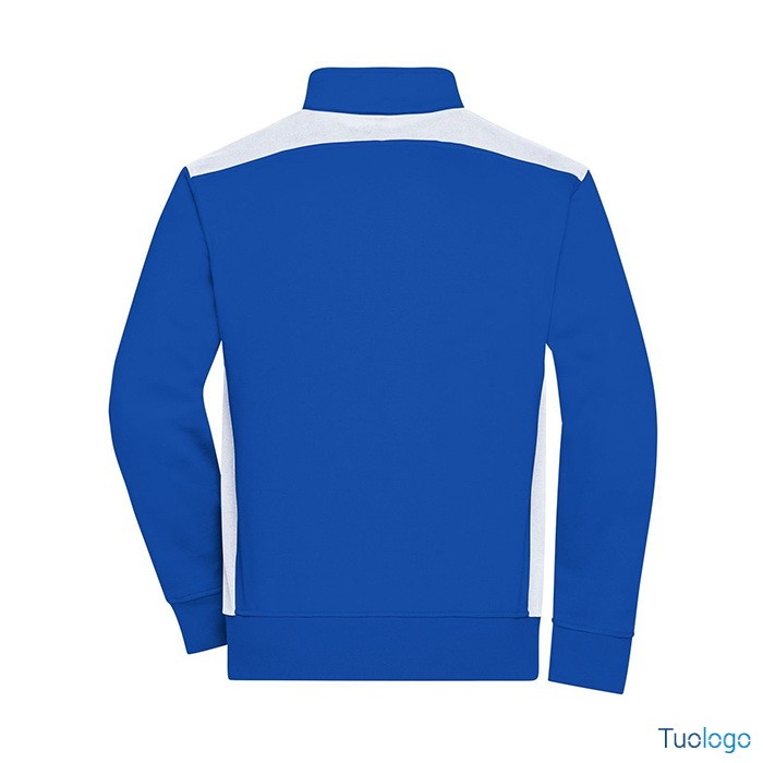 Dettaglio retro felpa blu con inserti bianchi e zip lunga