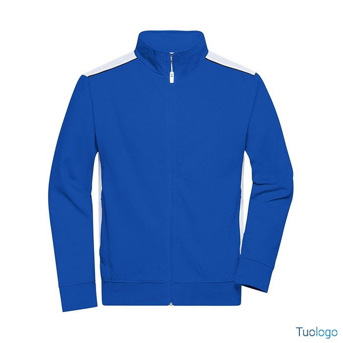 Felpa blu con inserti bianchi e zip lunga, su sfondo bianco