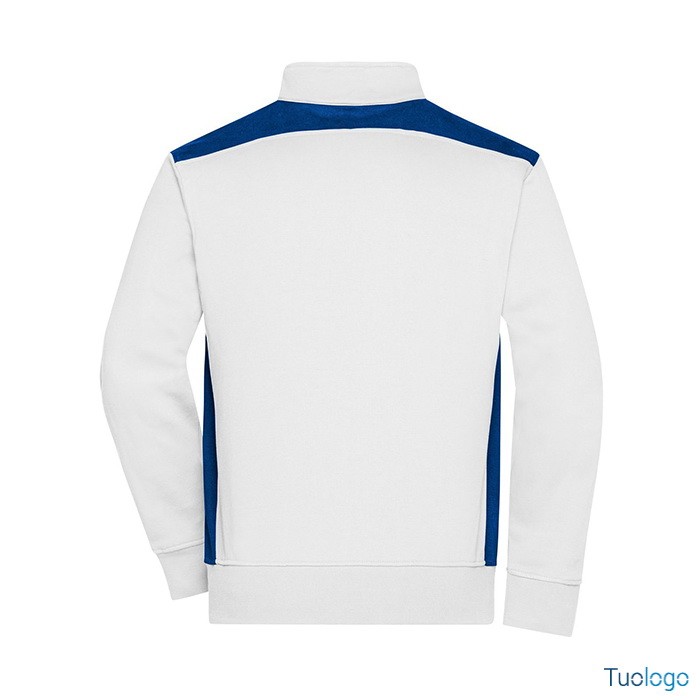 Dettaglio retro felpa bianca con inserti blu e zip lunga, su sfondo bianco