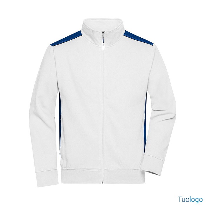 Felpa bianca con inserti blu e zip lunga, su sfondo bianco