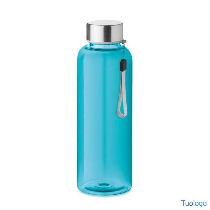 Bottiglia blu in rpet con tappo in ss e laccetto grigio