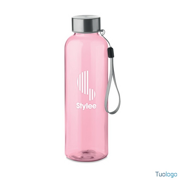 Bottiglia azzurra in rpet con tappo in ss e laccetto grigio