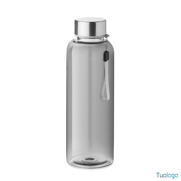 Bottiglia verde in rpet con tappo in ss e laccetto grigio