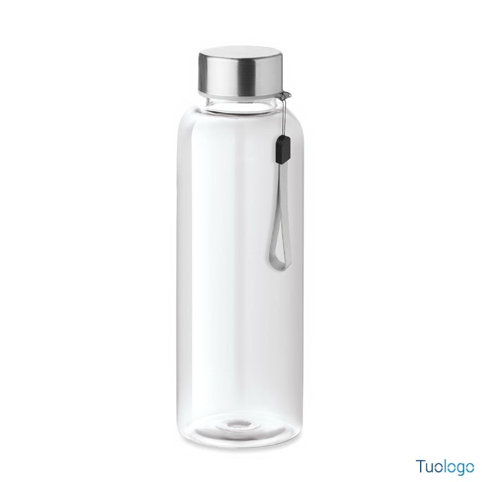 Bottiglia arancione in rpet con tappo in ss e laccetto grigio