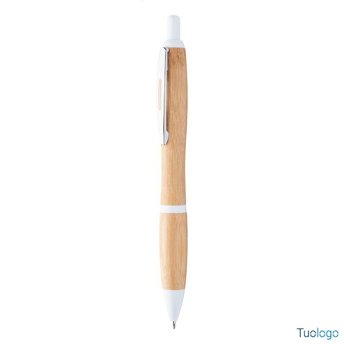 Penna a sfera in bamboo con clip in metallo e parti in plastica bianca