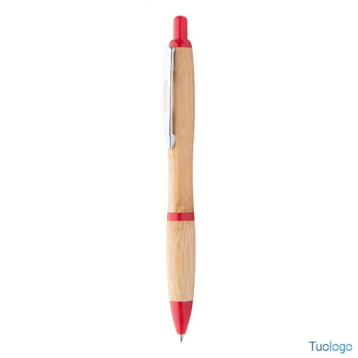 Penna a sfera in bamboo con clip in metallo e parti in plastica arancione