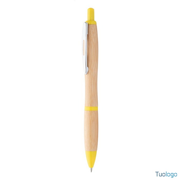 Penna a sfera in bamboo con clip in metallo e parti in plastica rossa