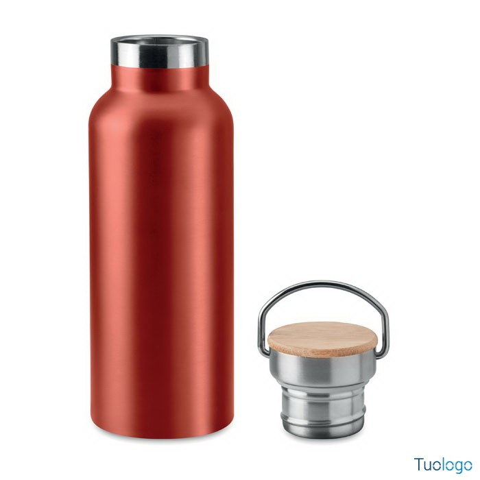 Bottiglia in acciaio inox rosso con coperchio in bamboo
