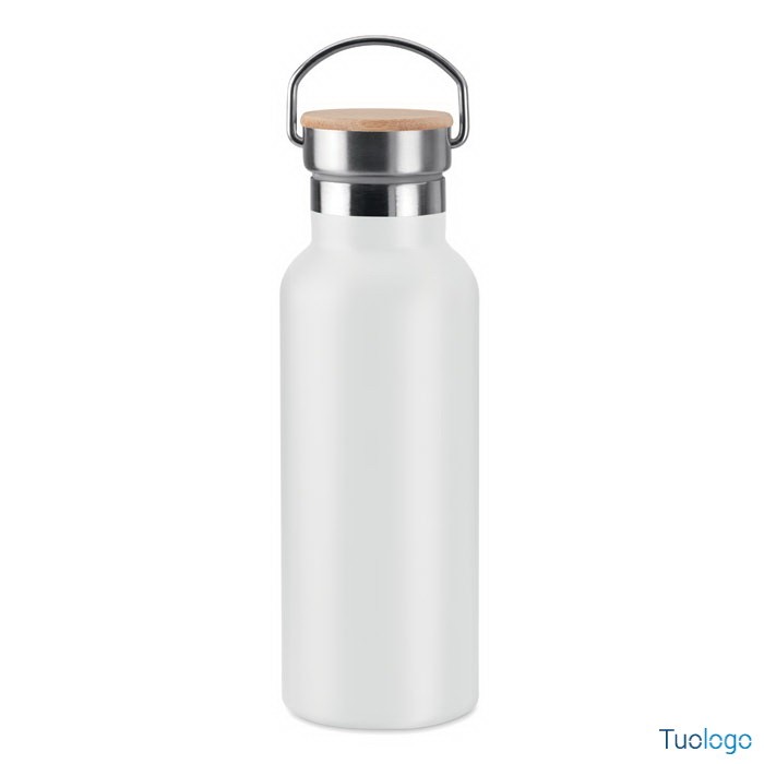 Bottiglia in acciaio inox blu e coperchio in bamboo con manico