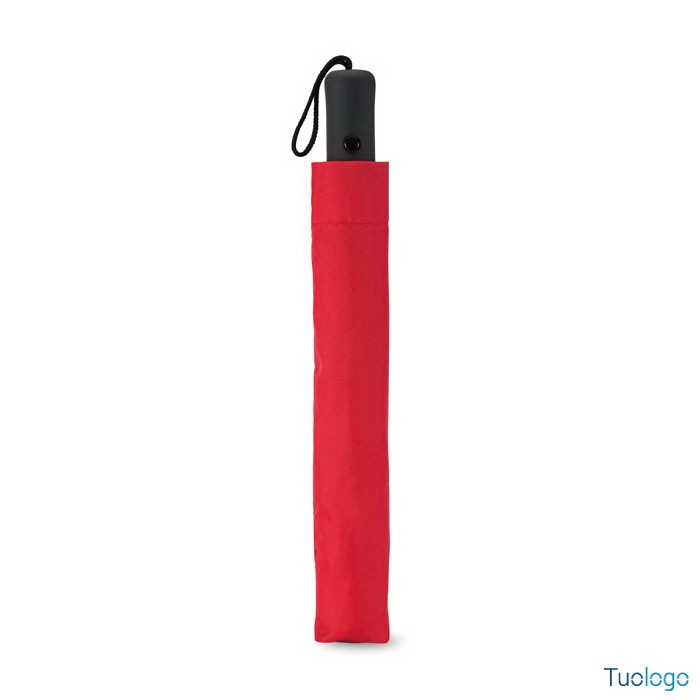 Ombrello rosso richiudibile in poliestere con struttura in acciaio e manico nero in abs