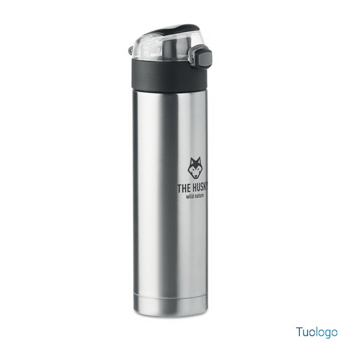 Borraccia in acciaio inox con logo con serratura di sicurezza sul coperchio e opzione di apertura a pressione
