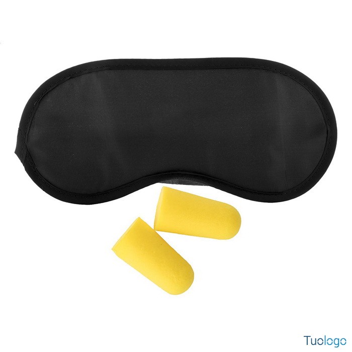 Maschera per gli occhi rossa e tappi per le orecchie gialli