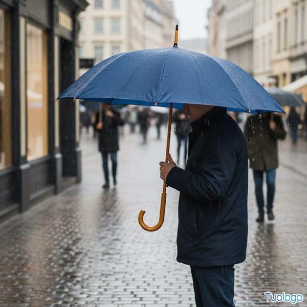 Ombrello arancione in poliestere con struttura in legno e punta in metallo