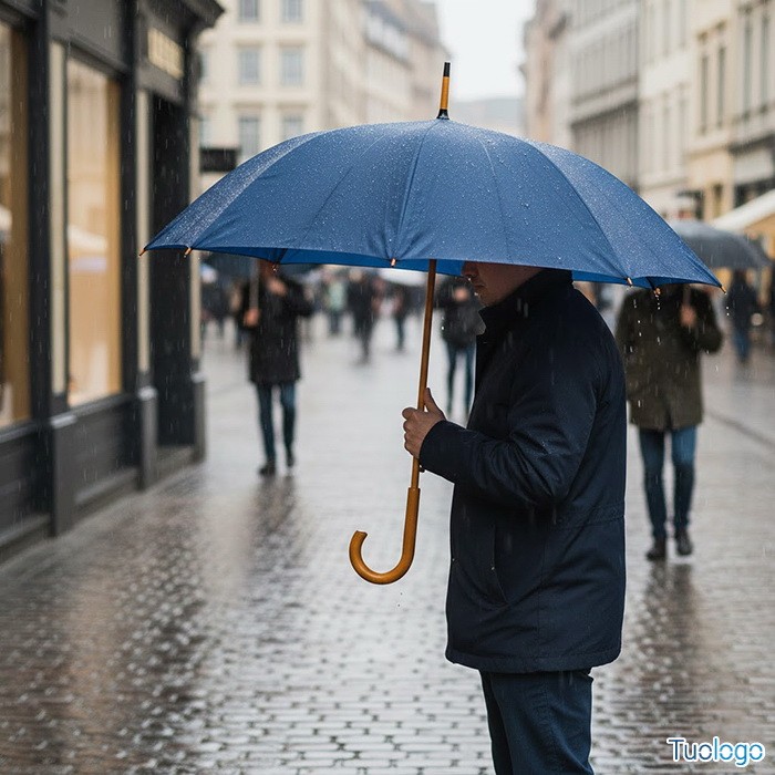 Ombrello arancione in poliestere con struttura in legno e punta in metallo