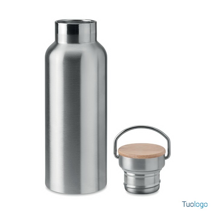 Bottiglia in acciaio inox argento e coperchio in bamboo con manico