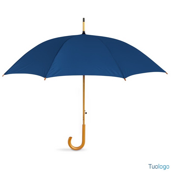 Ombrello blu in poliestere con struttura in legno e punta in metallo