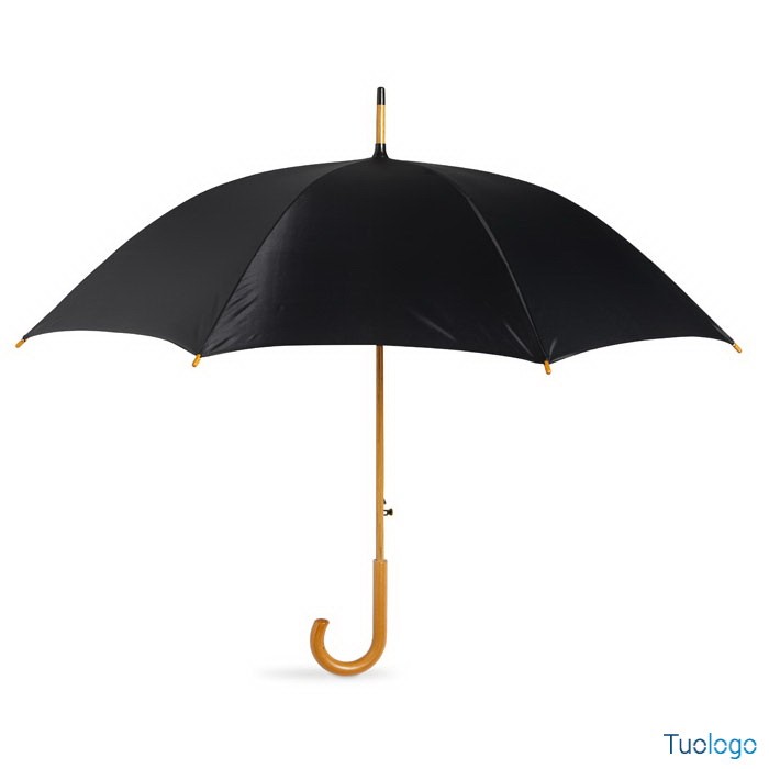 Ombrello beige in poliestere con struttura in legno e punta in metallo