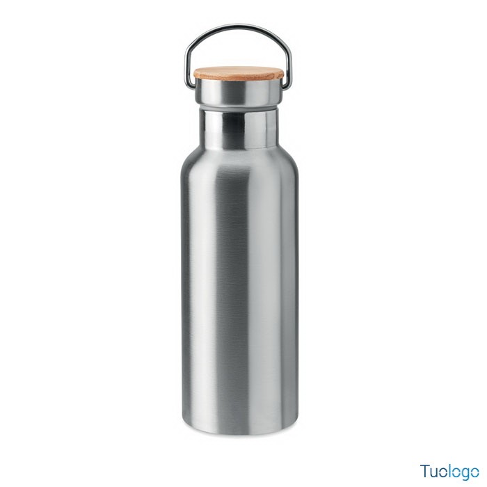Bottiglia in acciaio inox argento e coperchio in bamboo con manico