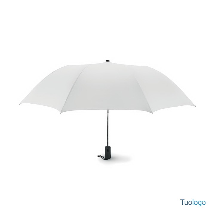 Ombrello grigio scuro richiudibile in poliestere con struttura in acciaio e manico nero in abs