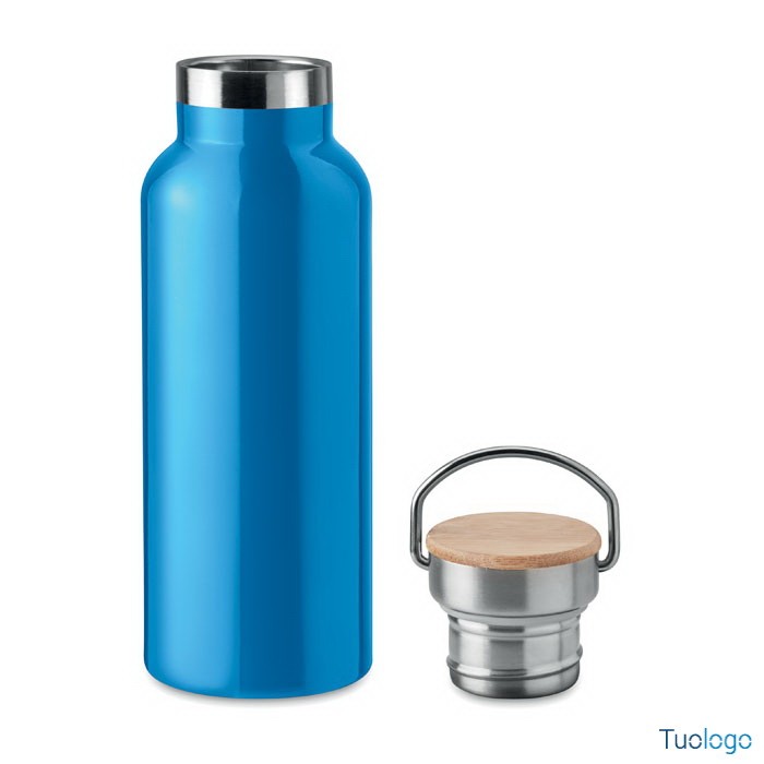 Bottiglia in acciaio inox argentato con coperchio in bamboo