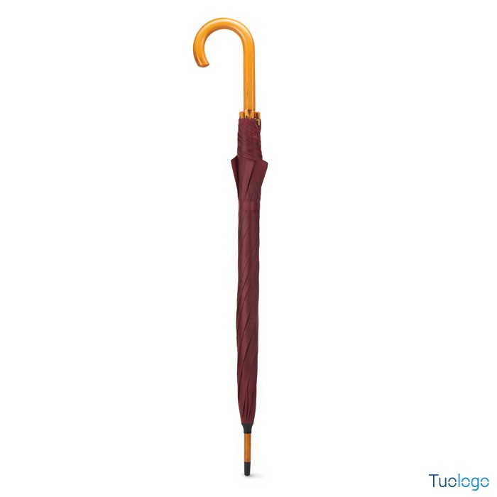 Ombrello magenta in poliestere con struttura in legno e punta in metallo