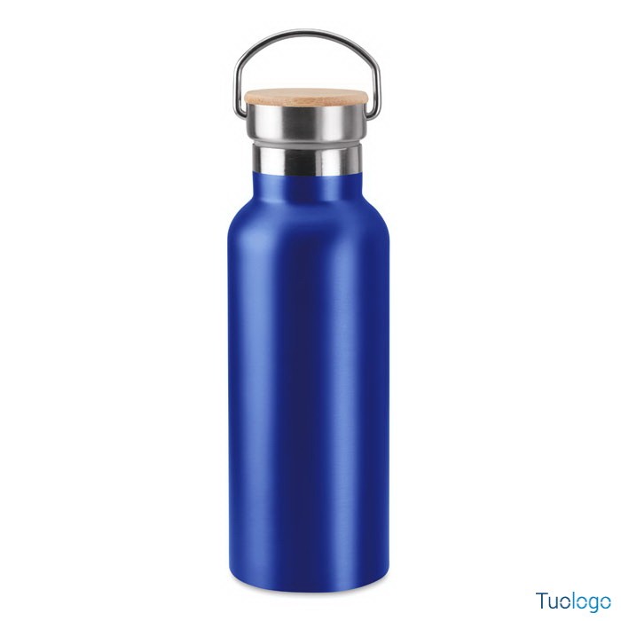 Bottiglia in acciaio inox verde con logo bianco e coperchio in bamboo con manico