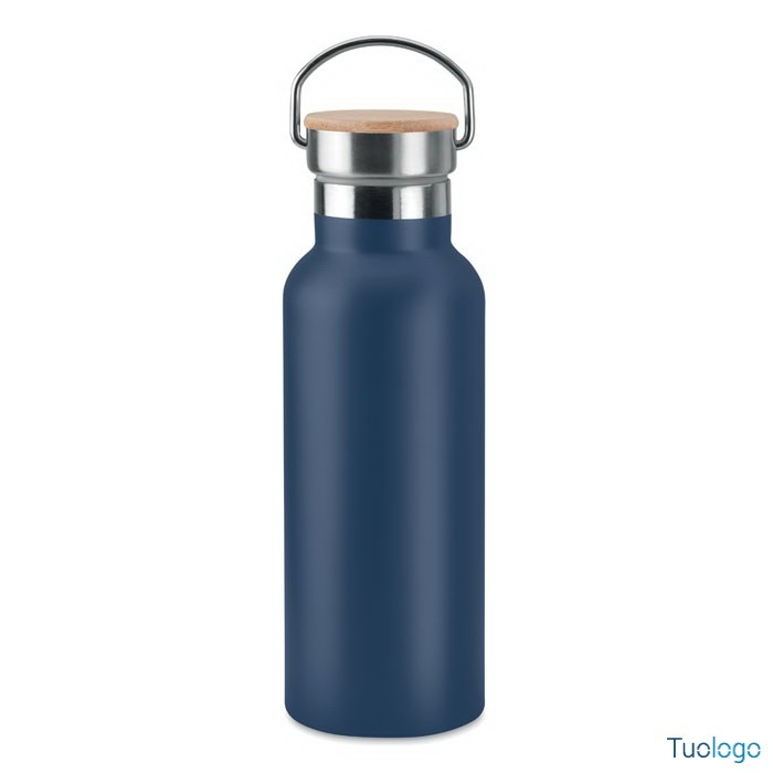 Bottiglia in acciaio inox blu e coperchio in bamboo con manico