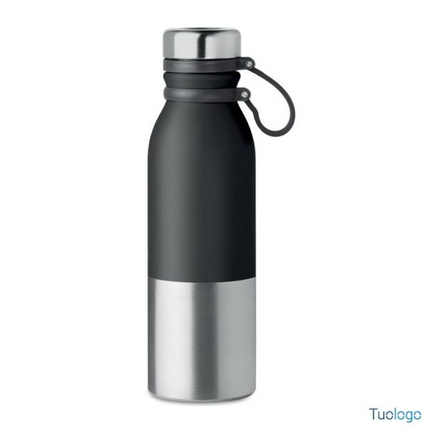 Bottiglia termica grigia in acciaio inox con impugnatura in silicone e tappo antigoccia