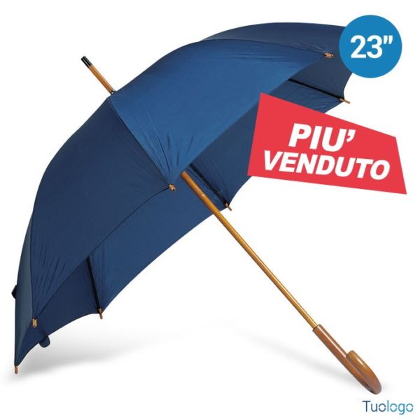 Ombrello blu in poliestere con struttura in legno e punta in metallo