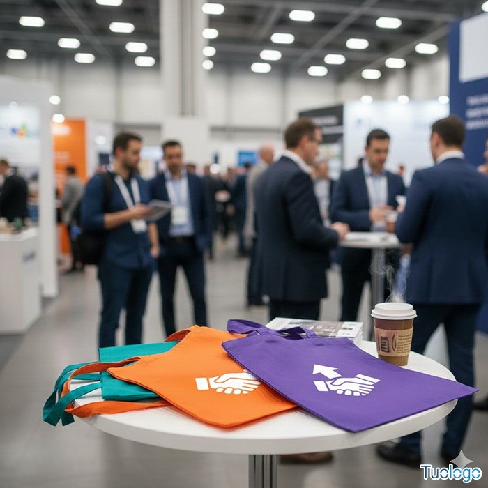 Shopper in cotone blu con manici lunghi