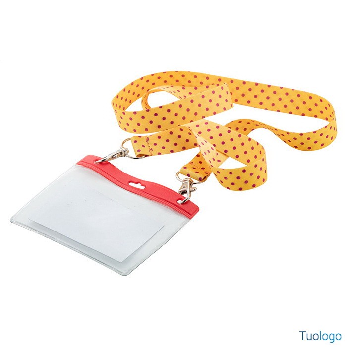 Laccetto portabadge in poliestere con doppio moschettone e bustina in plastica rossa