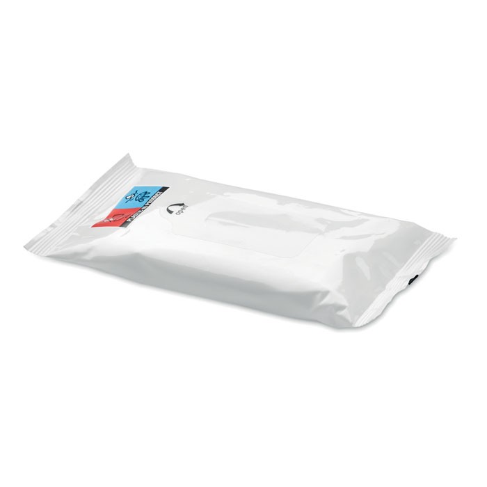 Salviette umidificate contenute in confezione di plastica bianca