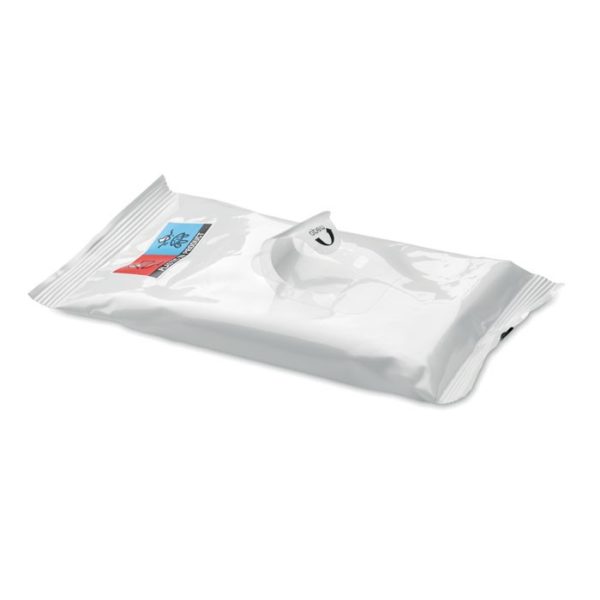 Salviette umidificate contenute in confezione di plastica blu
